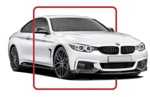 White BMW car highlighted with a red square border, positioned against a neutral background.