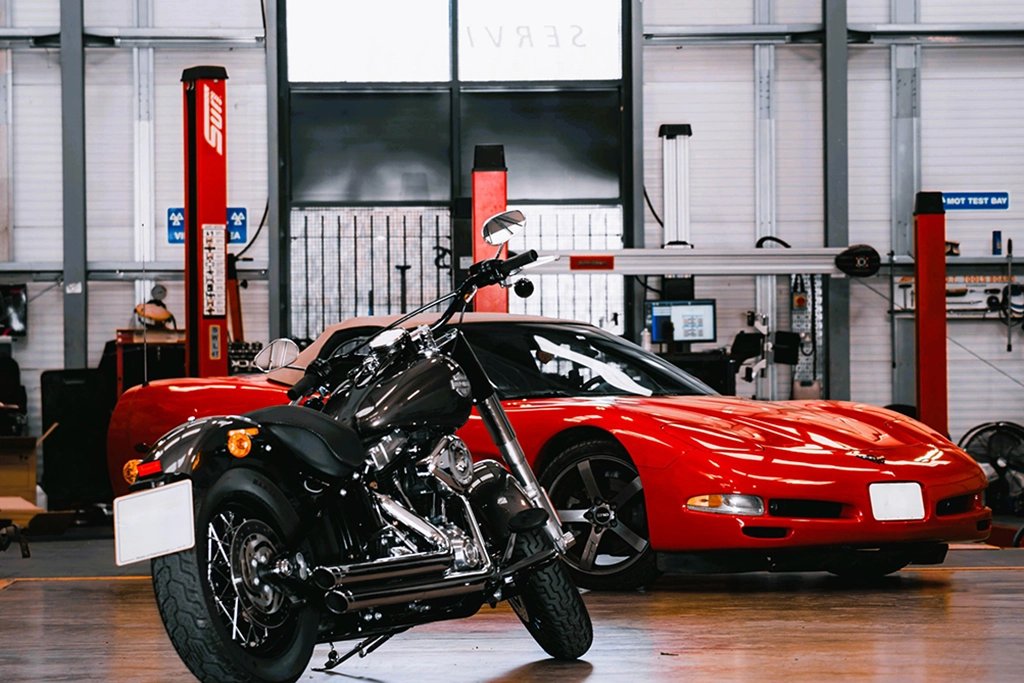 Harley Davidson Motorcycle MOT Testing, Workshop Interior - Bartlett Automotive, Peterborough Cambridgeshire
